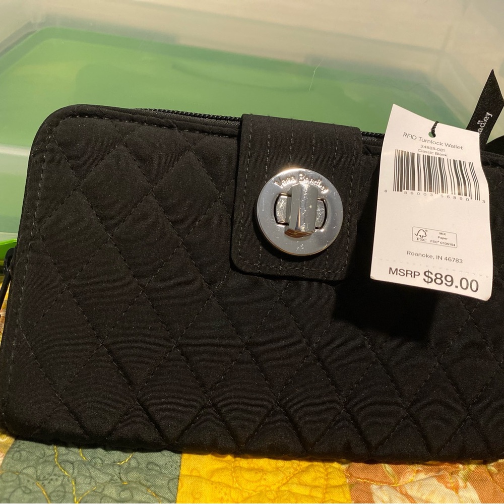 Vera Bradley Classic Black Quilted RFID Turnlock Wallet with Silver Closure